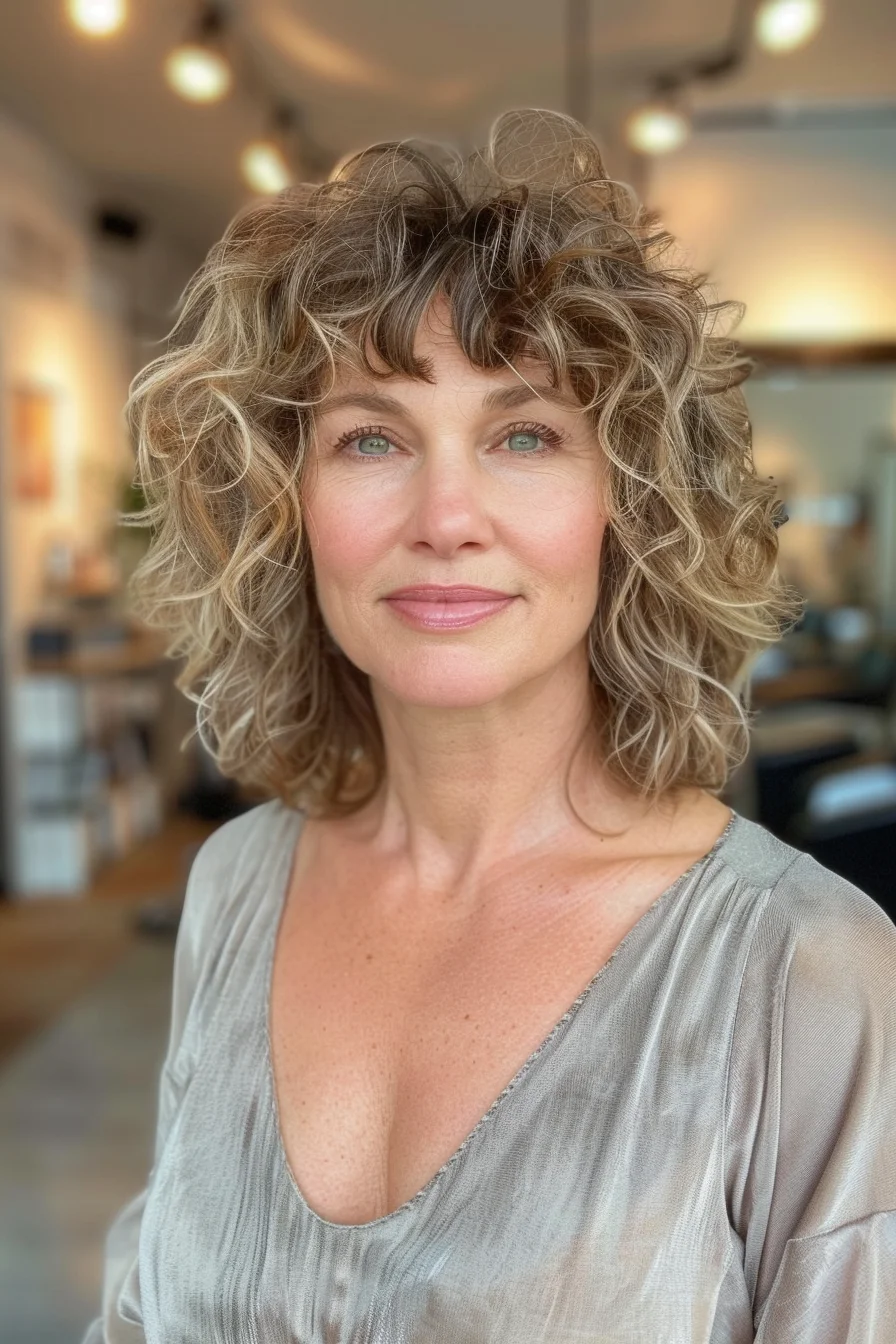 Layered curly cut hits just below shoulders, showing off natural wave patterns and volume. Blended highlights in warm gold and light brown create rich dimension throughout. Shorter pieces around the face soften into longer layers that emphasize the curl pattern.