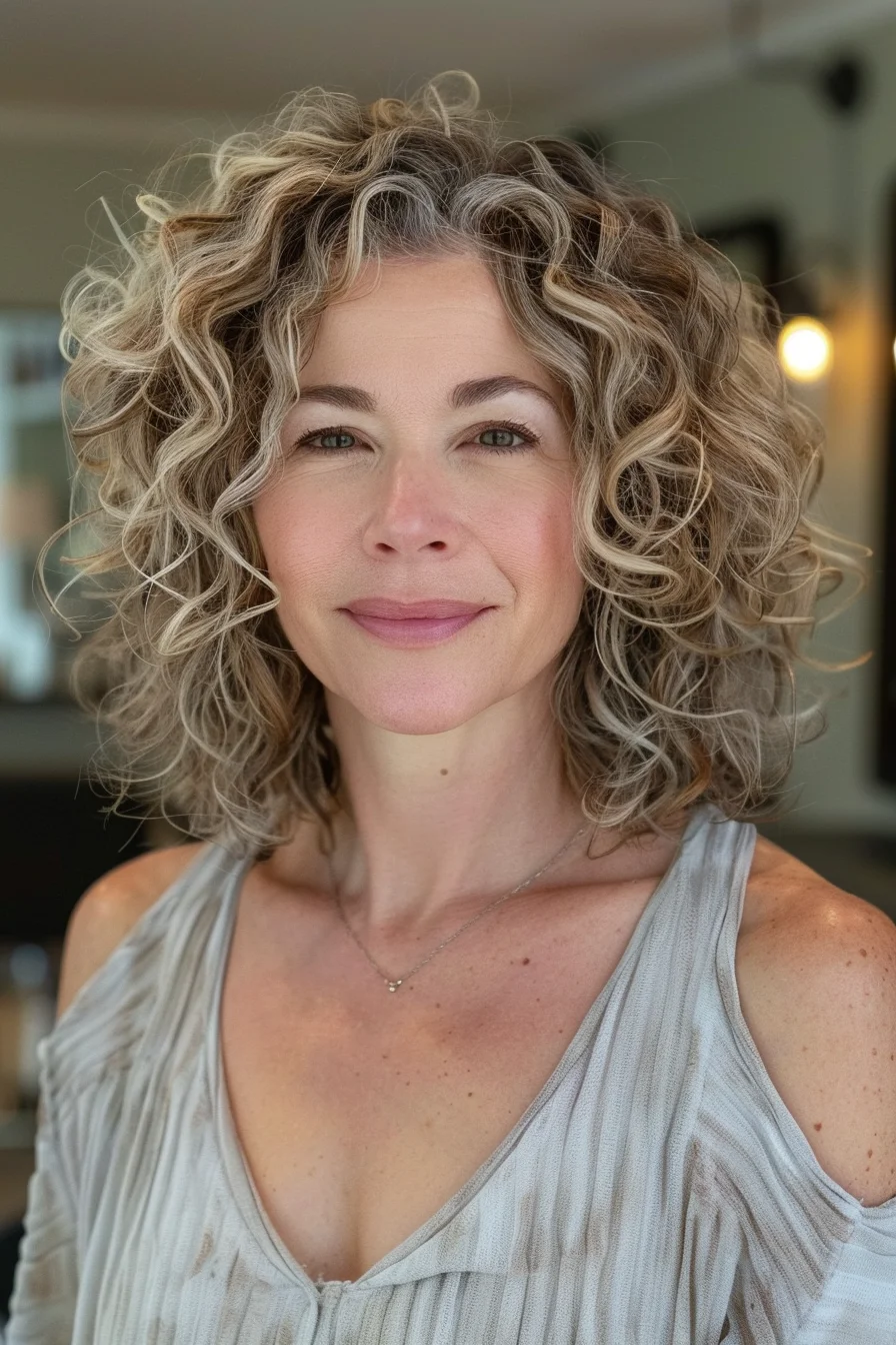 Shoulder-length curly cut features well-defined spirals in warm golden hues. Shorter pieces around the crown create lift and fullness, while longer layers allow curls to flow naturally. Brilliant blonde accents brighten the overall look, adding depth to each wave.