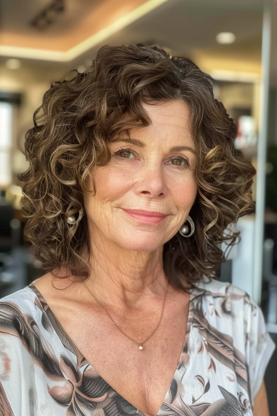 Medium-length curls in rich brown tones with subtle caramel highlights create dynamic texture and movement. Carefully cut layers enhance the natural spiral patterns while adding height at the crown. Side-swept styling allows the curls to cascade naturally, with shorter pieces around the face providing soft definition.
